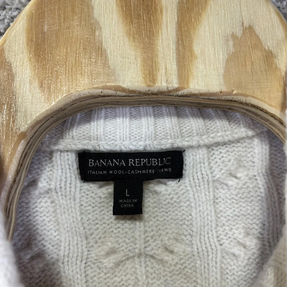 Banana Republic Sweater Mens Large‎ White Cashmere Mock Neck Cable Knit Pullover